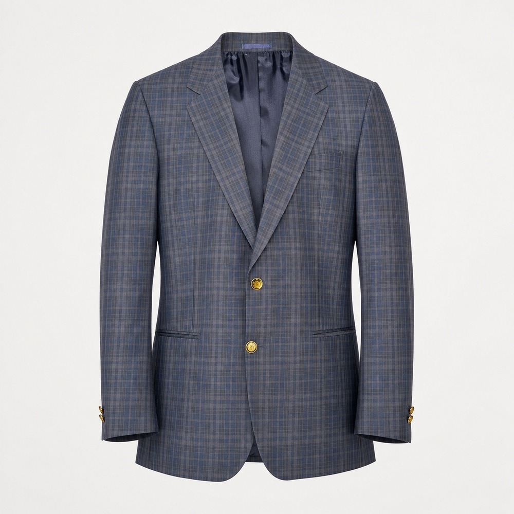 Luigi Bianchi Plaid Blazer Men 48 Blue Grey Cotton Hopsack Crest Logo Sport Coat